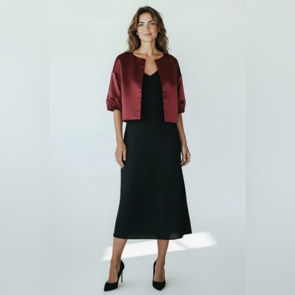 NWOT BCBGMaxAzria‎ Red Burgundy Satin Puff sleeve Evening CapeJacket Top Small - Picture 2 of 5